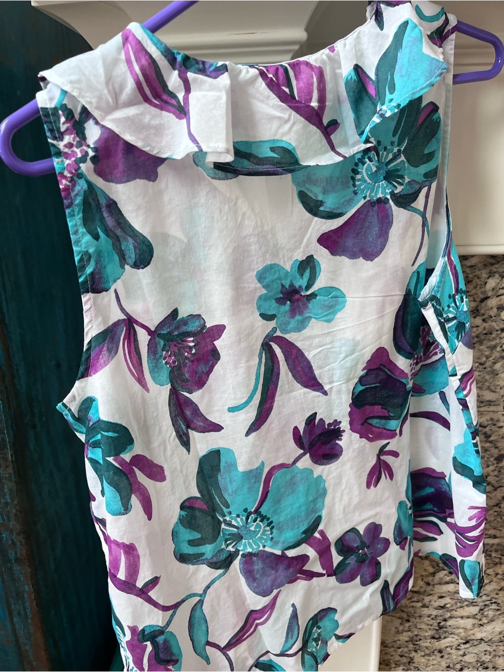 NWT Talbots sleeveless ruffle floral top-white with teal and purple floral print - Picture 5 of 10